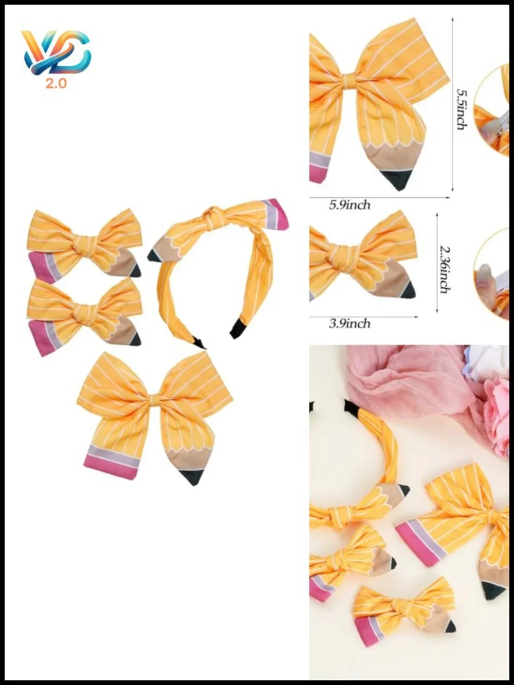 Pencil Hair Bow Clips Headband Set 4pcs Silk Hair Accessories